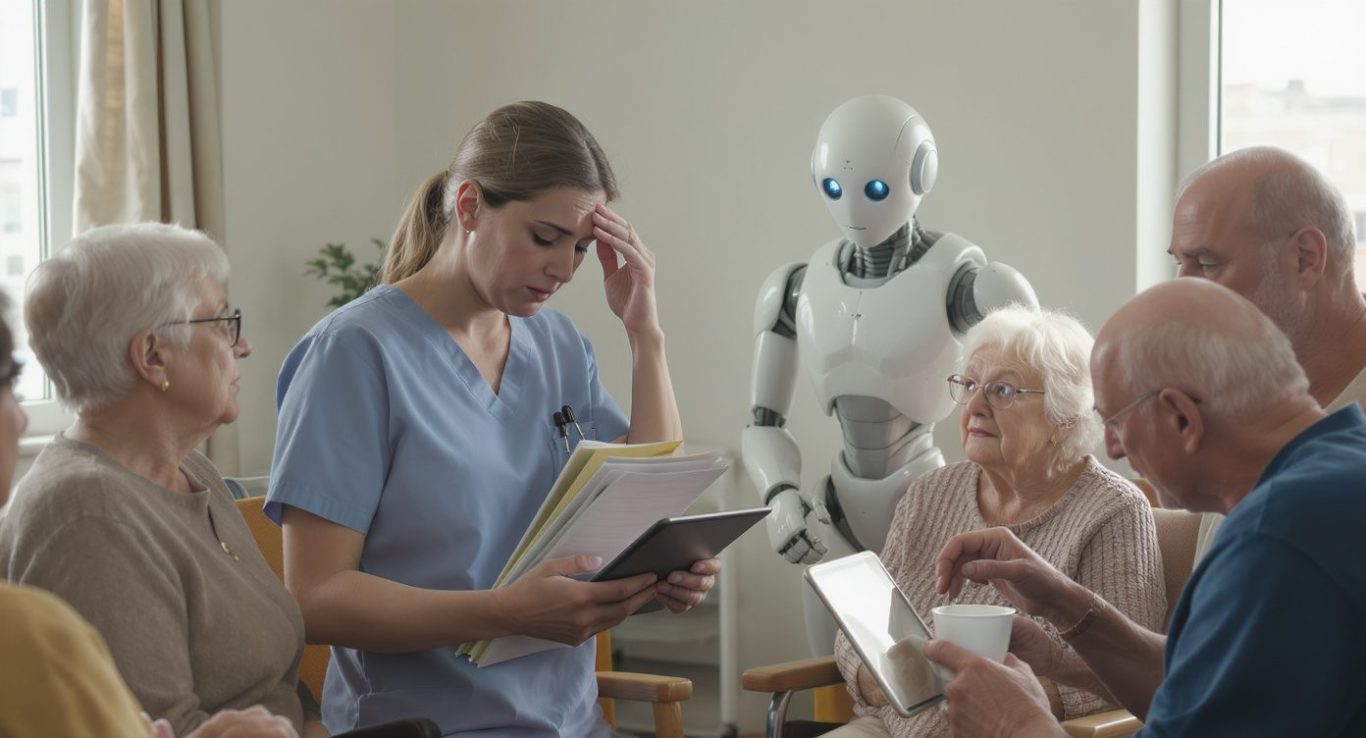 Pflegekraft mit Tablet spricht mit Senioren, im Hintergrund ein humanoider Roboter.